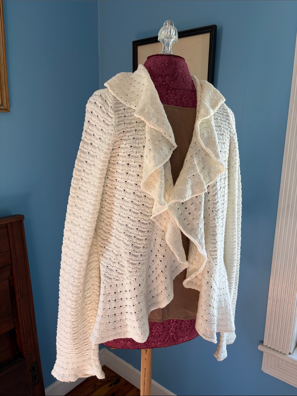 Draped and ruffled White sweater